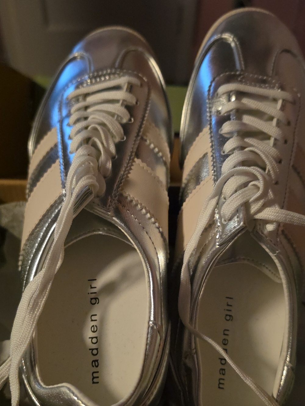 Madden Girl Silver Metallic Lace-Up Sneakers with White Stripes